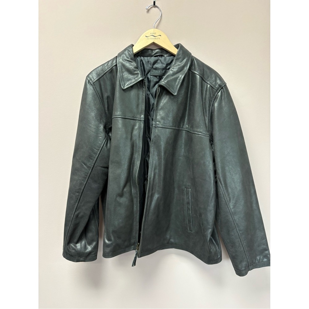 Burks Bay Mens Black Leather Jacket Quilted Lined Full Zip Coat Large
